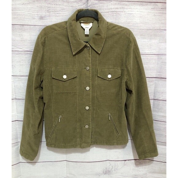 Talbots Jacket Women’s M Army Green Stretch Corduroy Button Up Trucker Collared - Picture 1 of 6
